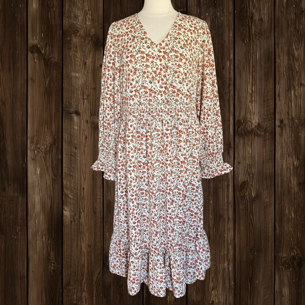 Ellos Tiered‎ Midi Dress Sz 14 Floral V Neck Long Sleeves Romantic Boho Ruffled